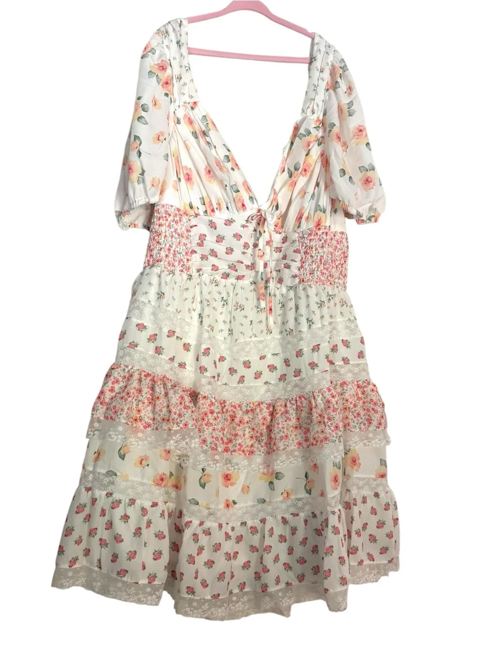 Altar’d State NWT Floral Tiered Mini Dress in White and Pink - Picture 4 of 10